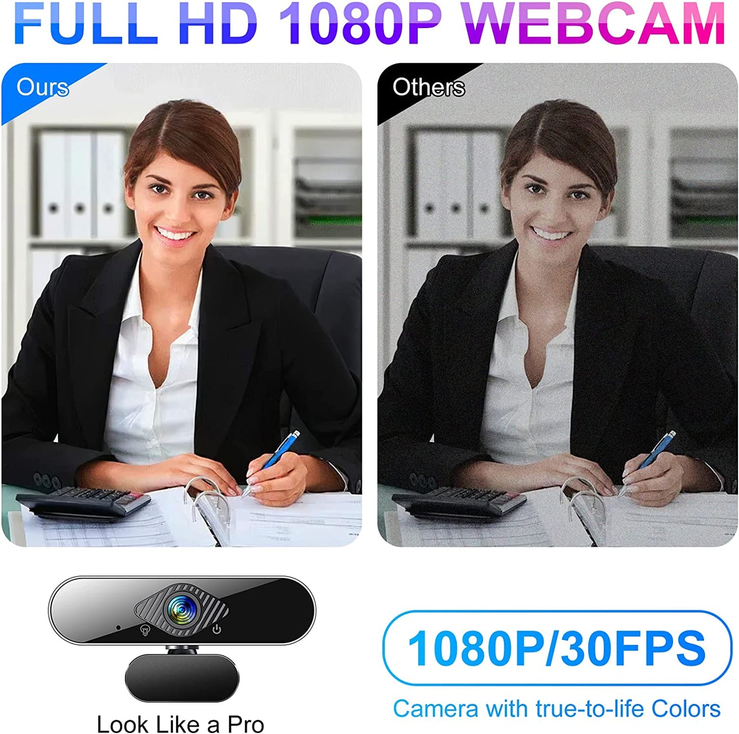 1080P HD Webcam with Microphone, Computer USB Web Camera at 1080P/30fps, 100 Wide Angles View, Plug and Play, Works with Skype, Zoom, FaceTime, Hangouts, PC/Mac/Laptop/MacBook/Tablet by FUMAX