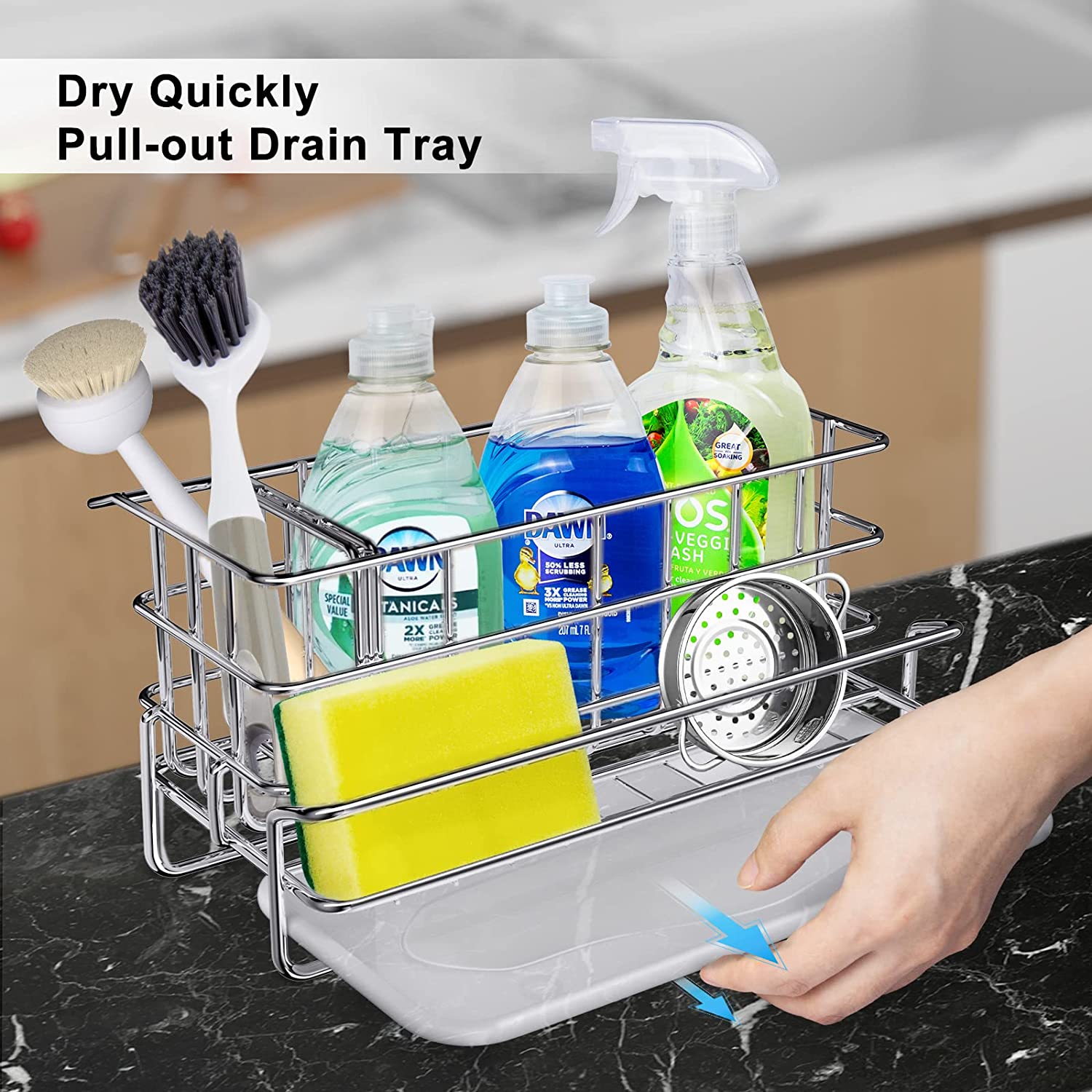 Soap Dispenser For Kitchen Sink, 3-in-1 Sponge Holder For Kitchen Sink  Caddy, Stainless Steel Kitchen Sink Organizer Tray