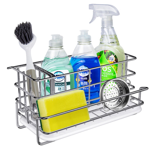 Kitchen Sponge Holder,Sponge Holder for Kitchen Sink,Stainless Steel Kitchen Sink Caddy,Double-Use Brush Dishrag Holder Rack with Adjustable Partition Grid,Countertop Sink Caddy-Silver