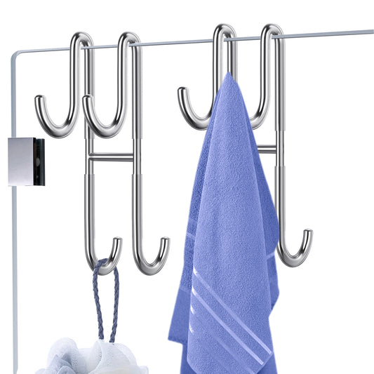 Shower Door Hooks, Towel Hooks for Bathrooms Extended Double Shower Hook,Heavy Duty Drilling-Free Shower Towel Hook Suitable for Frameless Glass Shower Door,Over the Door Towel Rack 2 Pack-Silver,7 IN