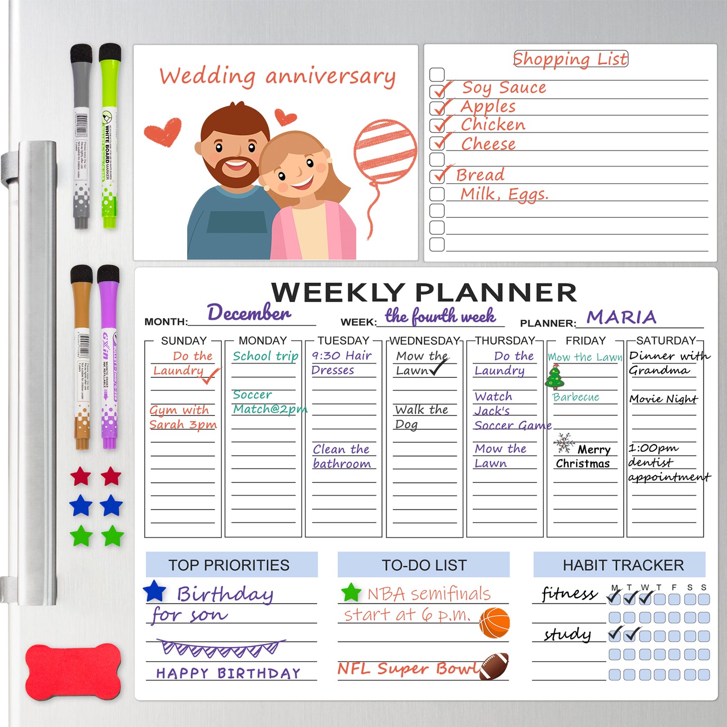 Magnetic Dry Erase Weekly Planner Calendar for Fridge, 15.6x11.6" Whiteboard Organizer for Refrigerator, 4 Fine Tip Markers & Large Eraser & Star icons Included, Stain Resistant