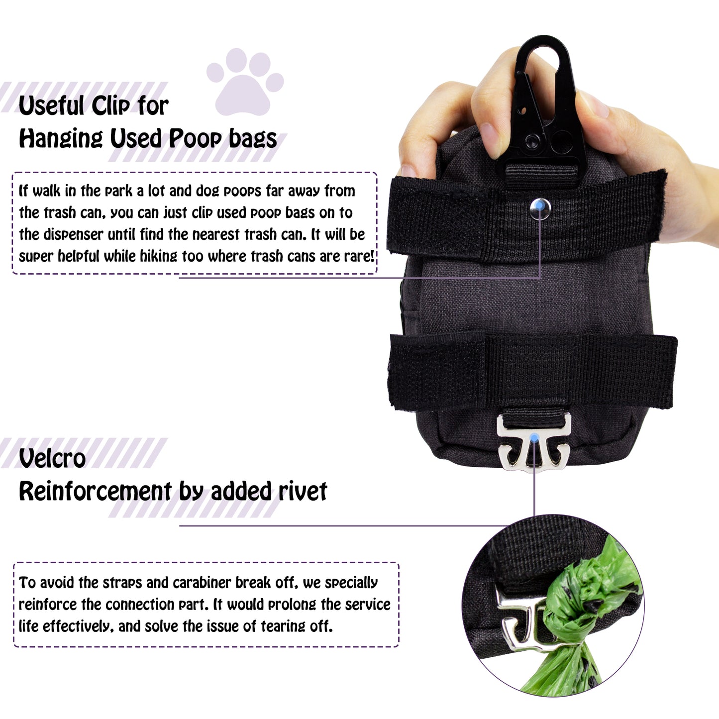 2 Packs Dog Poop Bag Holder Dispenser for any Leash with 2 Rolls Doggy Poop Bags, Secure Velcro and Carabiner Hook Attachment, Smooth Durable Zipper, Back Front Pouches for Pet Waste Bag and Dog Treat