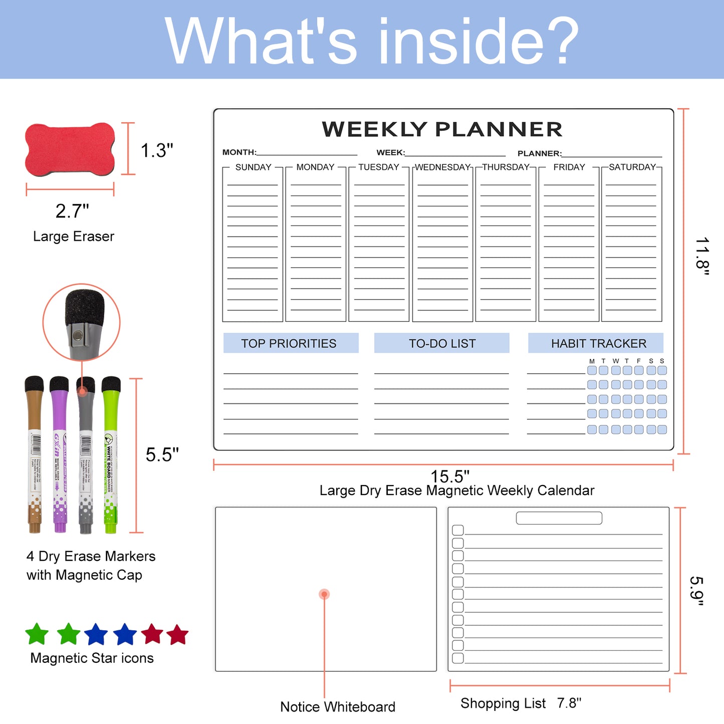 Magnetic Dry Erase Weekly Planner Calendar for Fridge, 15.6x11.6" Whiteboard Organizer for Refrigerator, 4 Fine Tip Markers & Large Eraser & Star icons Included, Stain Resistant