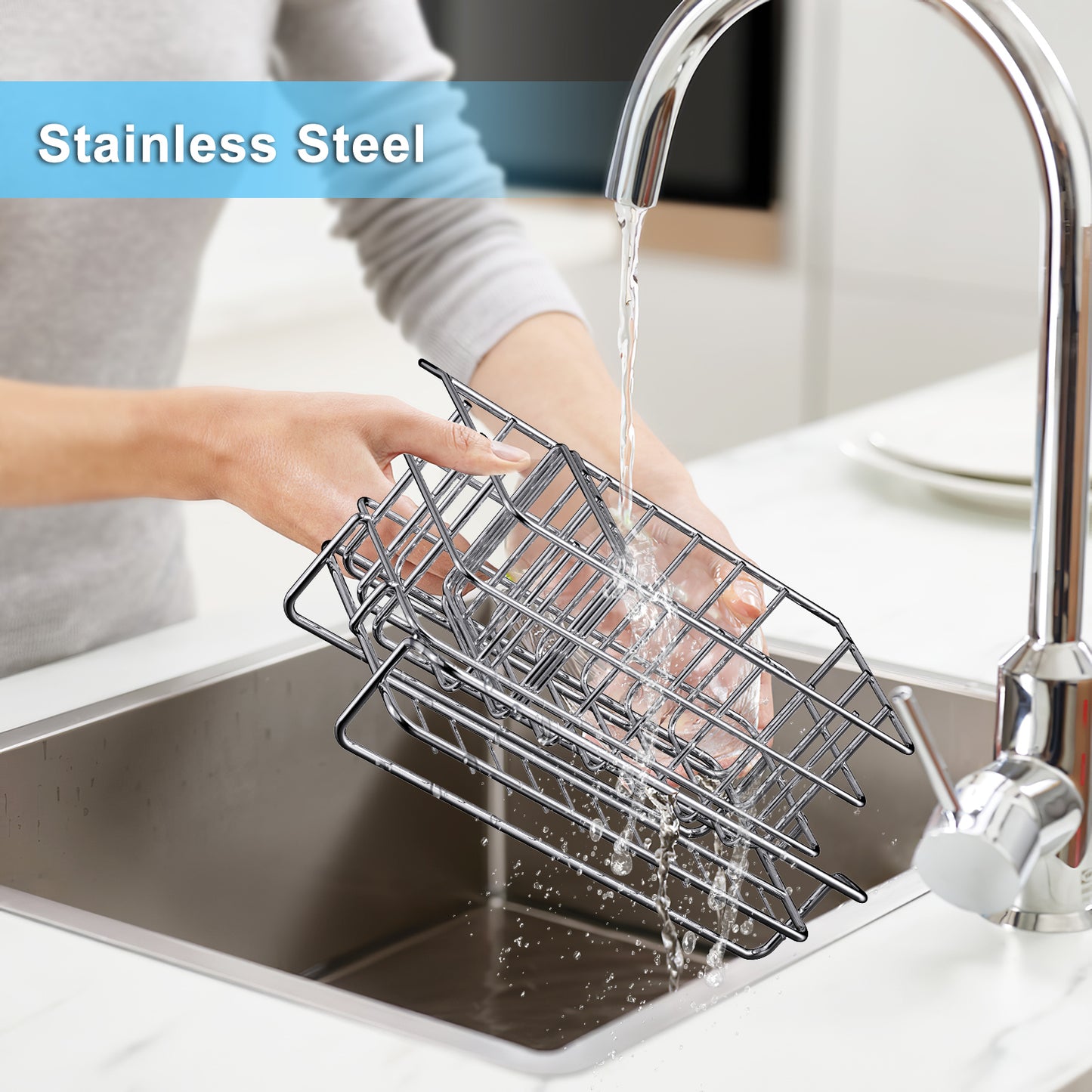 Stainless Steel Kitchen Sink Caddy Organizer With Brush DishCloth