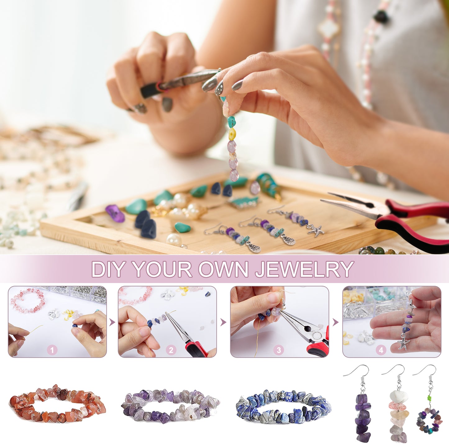 Natural Stone Jewelry Making Kit - Includes Crystal, Chip Beads
